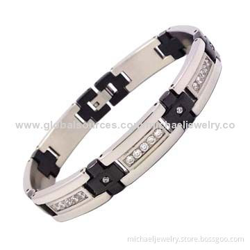 Stainless Steel Bracelets with 41pcs of CZ Stones and Interval of Plating IP Black